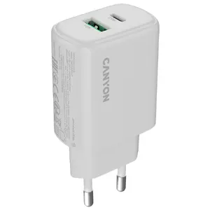 Сетевое зарядное устройство CANYON OnCharge 250 25W с 1x USB‑C PD и 1x USB‑A QC, штепсель EU, белое