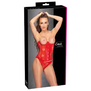 Open cup corset and thong set Cottelli Collection Open Cup Corset M — red lace, wetlook, underwire, front hooks, back satin lacing
