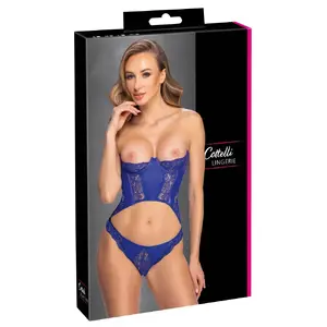 Corset set Cottelli Collection Corset blue XL — strapless underwired lace & wetlook, size XL