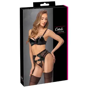 Three-piece suspender bra set Cottelli Collection 85B/L — underwired padded vinyl cups, lace, adjustable straps, suspender belt and thong