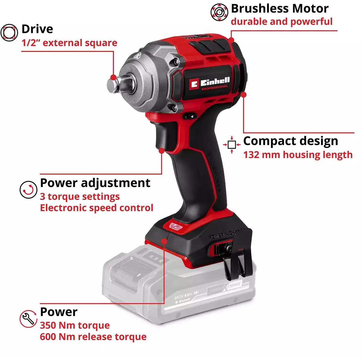 EINHELL TP-CW 18/350-C Li BL аккумуляторный гайковерт Photo 2