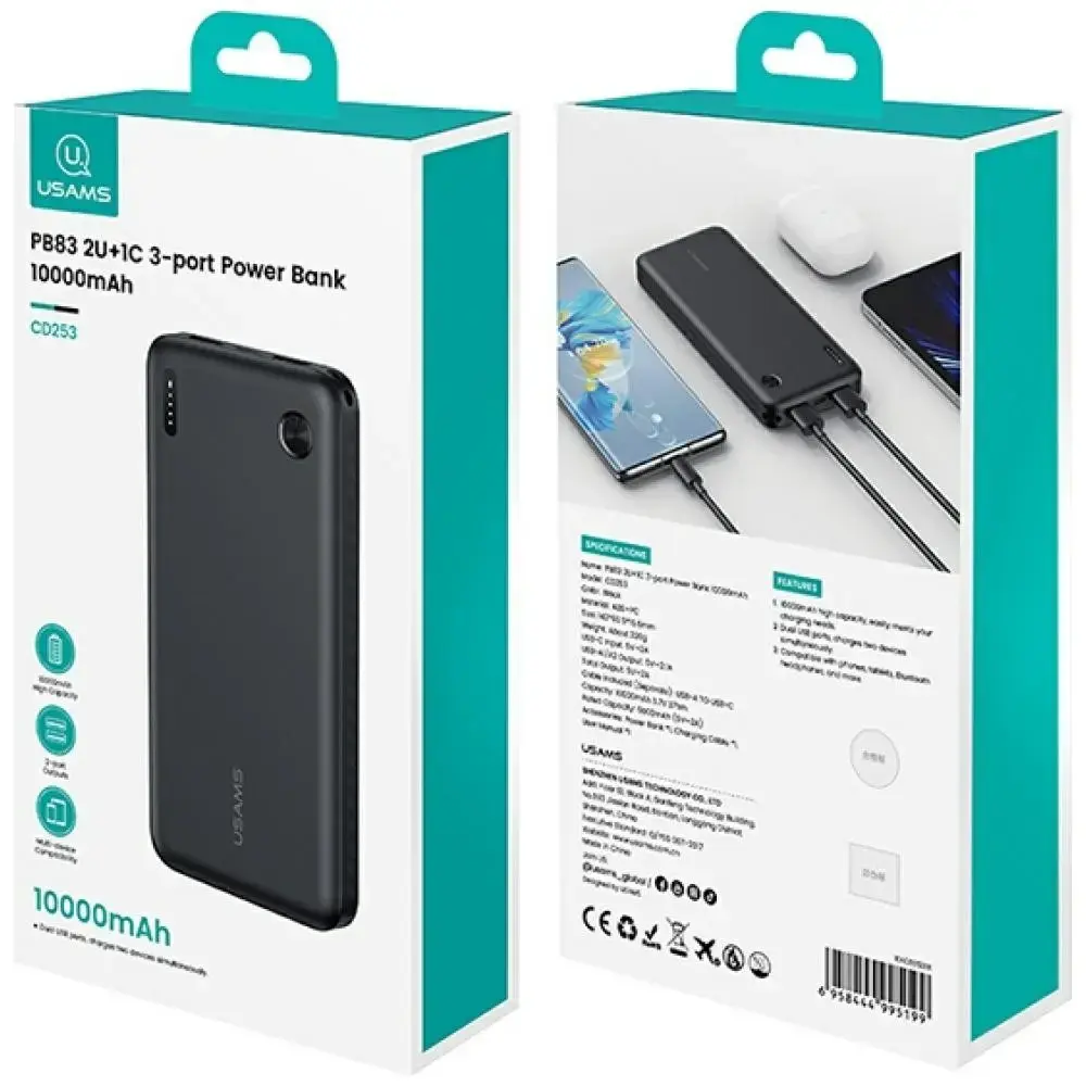 Пауэрбанк usams PB83 10000 мАч PD USB-C + 2x USB-A Photo 8