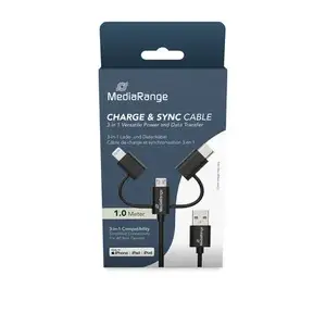 USB kabelis MediaRange MRCS246 — 1 m, USB A uz USB‑C / Micro USB‑A / Lightning, USB 2.0, melns