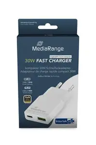 MediaRange MRMA125 Universal Indoor Mobile Device Charger, 30W, USB-C and USB-A, White