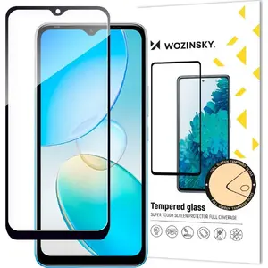 Aizsargstikls Wozinsky Full Glue priekš Infinix Hot 12i — pilnekrāna ar melnu rāmi, saderīgs ar maciņiem