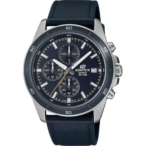 Vīriešu rokas pulkstenis CASIO Edifice EFR-526L-2CVUEF — analogs hronogrāfs, ādas siksniņa, nerūsējošā tērauda korpuss