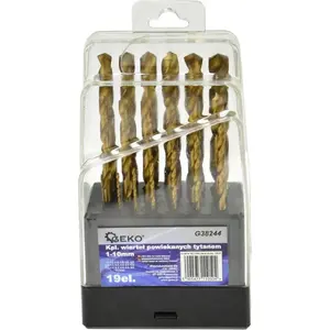 Drill bit set GEKO G38244, titanium-coated twist bits, 19 pieces, Ø1–10 mm, plastic case
