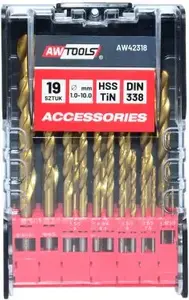 Drill Bit Set AWTools AW42318, titanium-coated metal bits 19 pcs, sizes 1–10 mm in plastic case