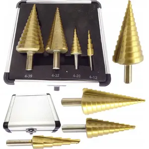 Drill Bit Set GEKO G38506 HSS TiN conical 4 pcs (Ø4–12, Ø4–20, Ø4–32, Ø4–39) for aluminium