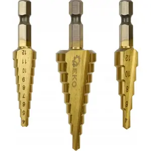 Drill bit set GEKO G38570 — 1/4" hex tapered bits, 3 pcs (3–12.4 mm, 4–12.4 mm, 4–20 mm)