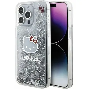 Protective hardcase for iPhone 15 Pro Max by Sourcing — model HKHCP15XLIKHET, 6.7" silver/silver, liquid glitter with charms and Kitty head