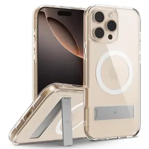 Phone case Spigen for iPhone 16 Pro Max — Capella Mag Kickstand, tempered glass & TPU, clear white, fits 6.9"