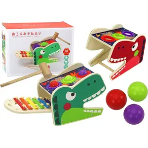 Деревянная игрушка 2 в 1 — динозавр-молоток и ксилофон LEANToys, красная