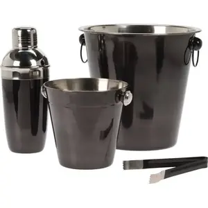 Барный набор Excellent Houseware A12441080 — стальной комплект бармена с шейкером, щипцами и 2 ведерками для льда, чёрный