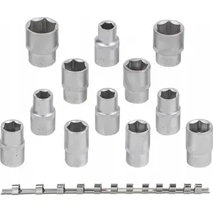 Socket Set Rockforce RF-4121-5 — 12-piece 1/2" 6-point sockets (10–19, 22, 24 mm) on rail