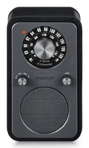 Pārnēsājams personīgais analogais radio Sangean WR-9 — AM/FM, 8 W RMS, 5 cm skaļrunis, USB‑C, ārējā antena, Midnight Oak