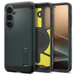 Чехол Spigen Tough Armor (Magfit) для Samsung Galaxy S26 — PC+TPU, для экрана 6.3", тёмно‑зелёный, с настольной подставкой