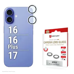 Kameras stikliņš iPhone 16 / 16 Plus / 17 — innr lighting Displex Premium, rūdīts stikls 10H, DLC, Quick Mount, vienu gredzens, caurspīdīgs