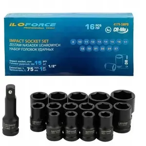 Socket set 1/2" impact 16 pcs (hex) JCB IF-4179-5MPB 8–27 mm