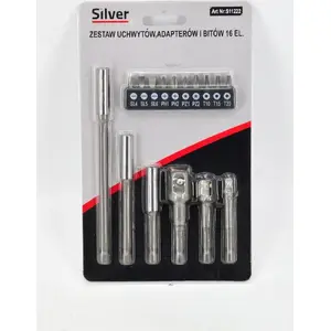 Screwdriver bit adapter with hex shank and 16-piece bit set Silver 11222