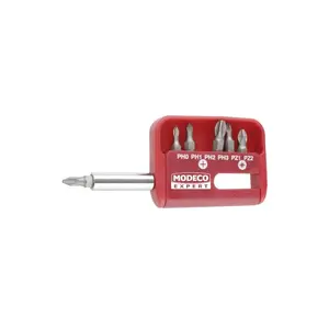 Screwdriver Bit Set MODECO MN-15-502 — 25 mm PH0–PH3 and PZ1–PZ2 bits with holder