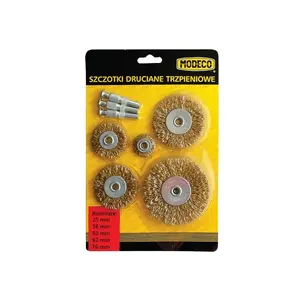 Wire brush set for drill MODECO MN-69-105 — 5 pieces, assorted shapes for cleaning and surface preparation