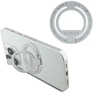 MagSafe pirksta turētājs-stends GUESS GUE2688 — sudrabains ar rhinestone, pirksta gredzens un statīvs