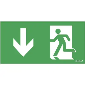 Safety pictogram sign AWEX PD26 — down arrow with person in door, 150×300 mm