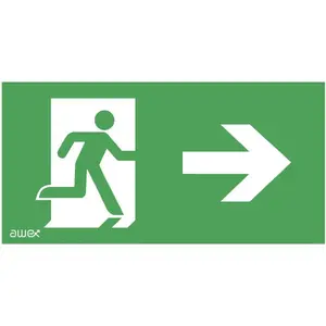 Safety pictogram sign AWEX PD25 150×300 mm — person in door with right arrow