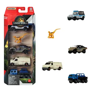 Набор металлических машинок MATTEL Jurassic World Matchbox 5-Pack — 4 модели 1:64 и 1 динозавр, разноцветный, 3–99 лет