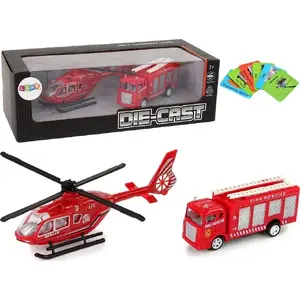 LEANToys mechanical pull-back fire truck and helicopter toy set, red, model 12251