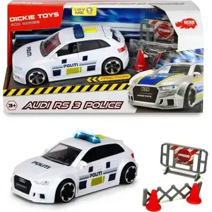 Die-cast toy car Dickie Audi RS3 1:32 scale with police barriers and accessories