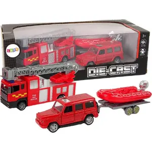 Mechanical toy set LEANToys fire rescue vehicles — wind-up motorboat and jeep, red
