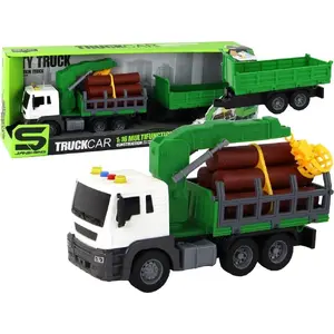 LEANToys wooden friction-powered green crane truck with trailer 1:16 scale, sounds