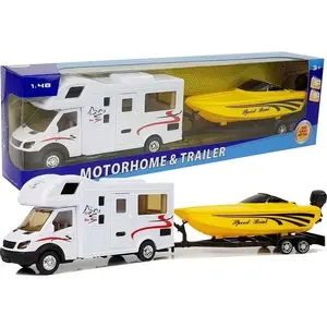 Toy Camper with Yellow Motorboat and Friction Drive 1:48 Scale, LEAN Sport 7581