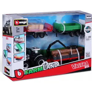 Игровой трактор Bburago Valtra N174 с 3 прицепами 10 см - металлическая модель