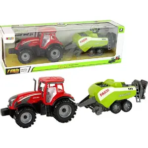 Rotaļu traktors LEANToys modelis 14838 — sarkans ar zaļu sējmašīnu, frikcijas piedziņa