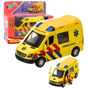 Toy Ambulance LEANToys 23181 — Metal pull-back, lights and sounds, yellow, 1:32 scale