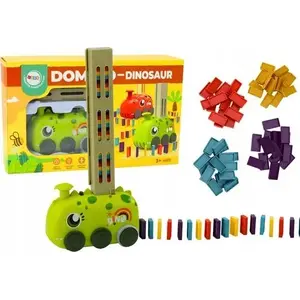 Mechanical toy LEANToys stacking battery-powered car Green Dinosaur with color domino blocks — 4 colors