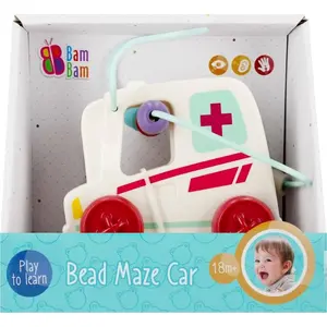 Toy Ambulance Labyrinth by Bambam, model 01536A — wooden peg-and-maze activity vehicle
