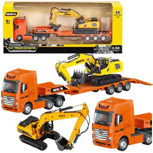 Rotaļu kravas automašīna ar piekabi un ekskavatoru HUINA 1:50 metāla oranža