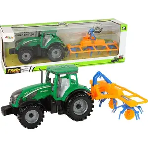 Mechanical toy tractor with rake, LEANToys model 14840, green, friction drive