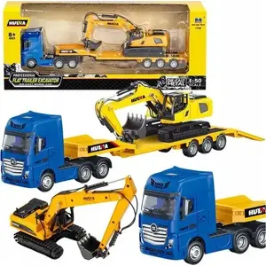 Rotaļu piekabe-kravas auto ar ekskavatoru HUINA metāla 1:50 dzeltena