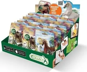 Collecta collectible animal figures display — mixed dinosaurs and horses in blind sachets, Collecta brand, model 004-A1215