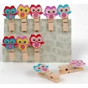 Decorative Wooden Clips PartyDeco Shapes 'Owls' set of 10, small craft pegs for photos and paper