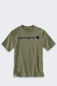 T-krekls Carhartt Dearborn Relaxed Logo — Dusty Oliv, vīriešu relaxed fit, īsas piedurknes, kokvilnas maisījums
