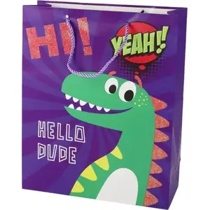 Gift Paper Bag LEANToys 32×26×10 cm Purple with Dinosaur Print