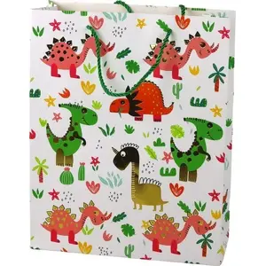 Papīra dāvanu maisiņš LEANToys 32×26×10 cm — krāsaini dinozauri un palmas