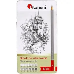 Zīmēšanas zīmuli komplekts Titanum AK437TIT — grafīts 8B līdz 2H metāla kārbiņā