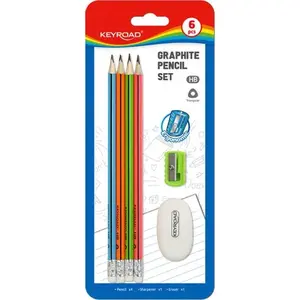 Wooden HB pencils Keyroad with eraser and sharpener set, 4 pieces blister pack